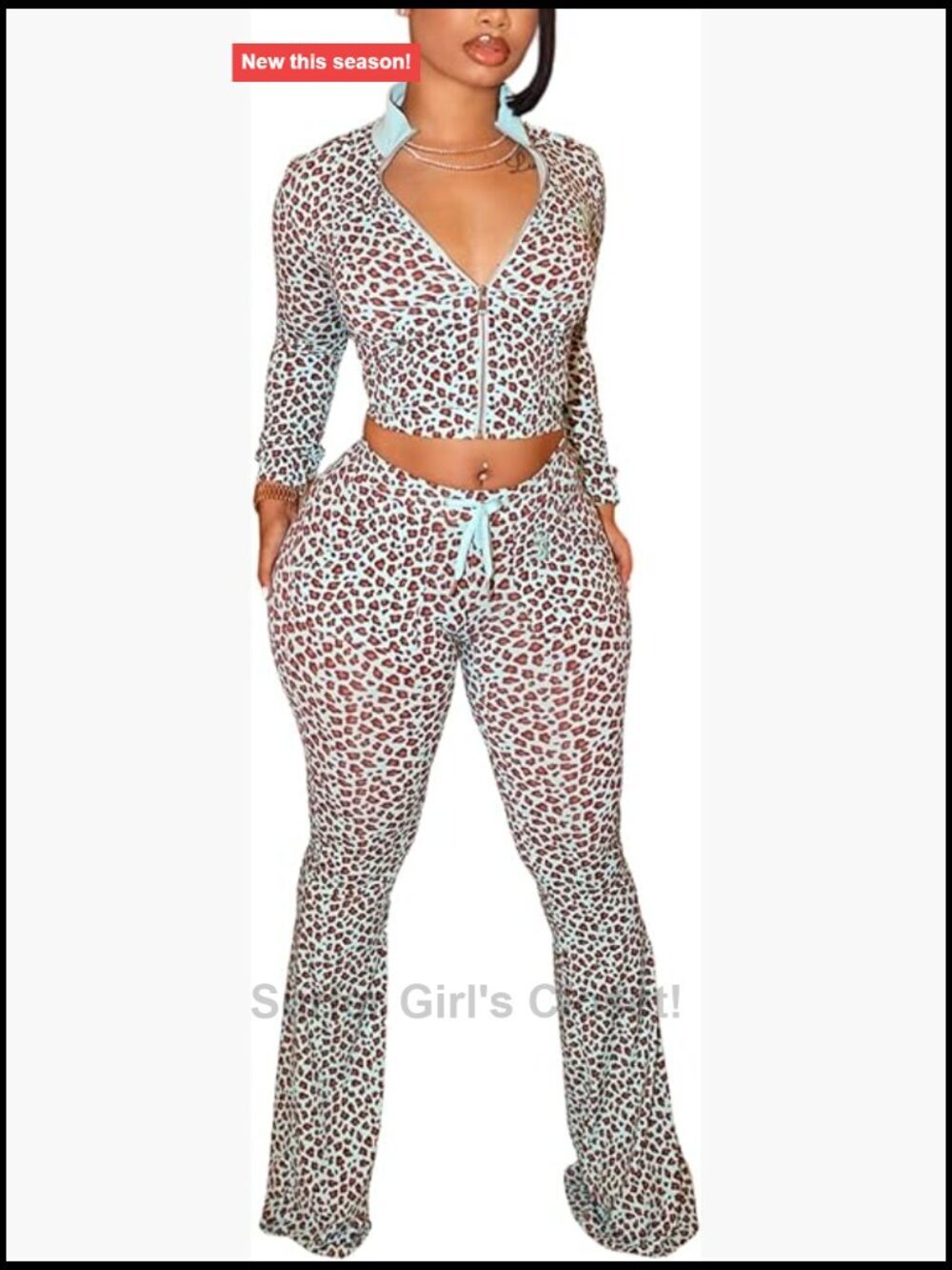 Leopard Print 2 Piece Outfit Long Sleeve Crop Top Flare Pants Set Sexy Y2K Club